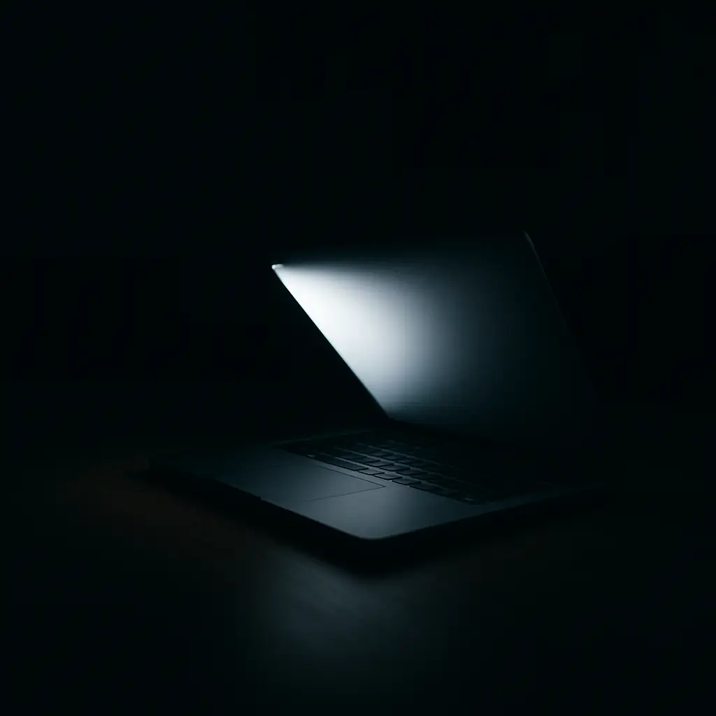 A dimly lit room with a sleek laptop partially closed on a dark wooden desk. The screen emits a soft white glow, casting light onto the keyboard and surface below, while the surrounding area remains in shadow.